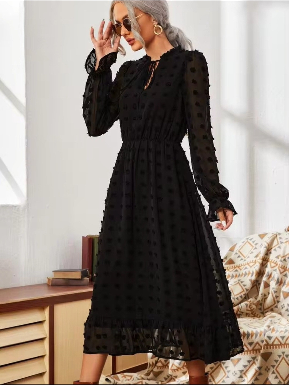 SHEIN Black Swiss Dot Tie-Neck Long Sleeve Midi Dress